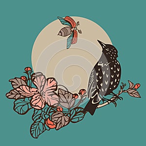 Starling bird Maybug and flowering branch against the background of the moon