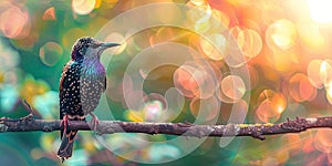 starling bird on a tree branch. Selective focus.
