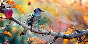 starling bird on a tree branch. Selective focus.