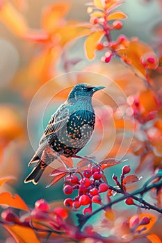 starling bird on a tree branch. Selective focus.