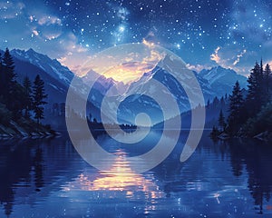 Starlit night over a tranquil lake photo