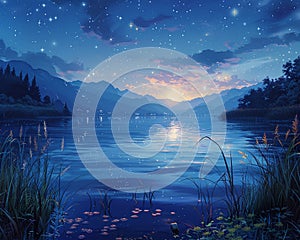 Starlit night over a tranquil lake photo