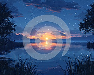 Starlit night over a tranquil lake photo