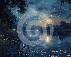 Starlit night over a tranquil lake photo