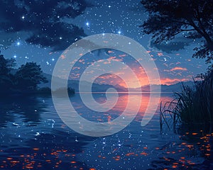 Starlit night over a tranquil lake photo