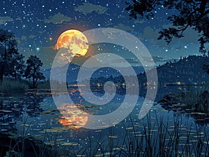 Starlit night over a tranquil lake photo