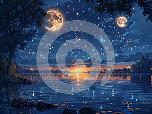 Starlit night over a tranquil lake photo