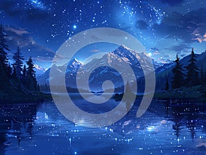 Starlit night over a tranquil lake photo