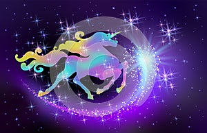 Starlit sky and iridescent unicorn with luxurious winding mane against the background of the fantasy universe with sparkling stars photo