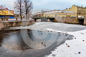 Staro-Nikolsky Bridge across the Kryukov Canal in winter. Saint Petersburg, Russia