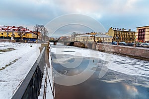 Staro-Nikolsky Bridge across the Kryukov Canal in winter. Saint Petersburg, Russia