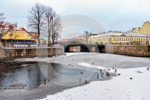 Staro-Nikolsky Bridge across the Kryukov Canal in winter. Saint Petersburg, Russia