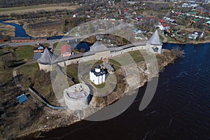 Staroladozhskaya Fortress, April day aerial photography. Russia