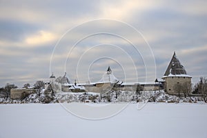 Staroladozhskaya fortress on the bank of the Volkhov River in the early winter morning. Leningrad region