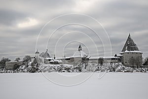 Staroladozhskaya fortress on the bank of the Volkhov River in the winter morning. Leningrad region