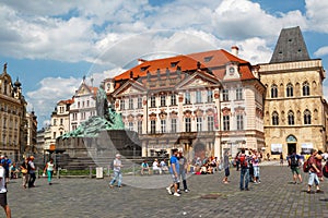 Staromestske Namesti Old Town main square and the Jan Hus monument in Prague, Czech Republic