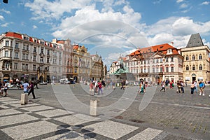 Staromestske Namesti Old Town main square and the Jan Hus monument in Prague, Czech Republic
