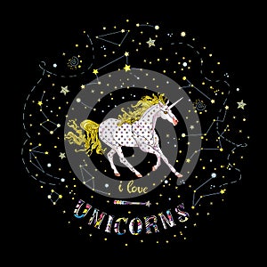 Starry angry unicorn inside black square with galaxy, stars, constellations. Vector illustration