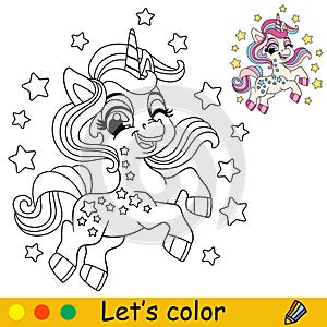 Starry cartoon cute baby unicorn kids coloring book page