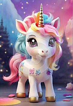 Starry Forest Fantasy: Cartoon Kawaii Unicorn in Dreamy Landscape