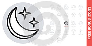 Starry and moonlit sky icon for weather forecast application or widget. Moon and stars in the night sky. Simple black