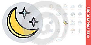 Starry and moonlit sky icon for weather forecast application or widget. Moon and stars in the night sky. Simple color