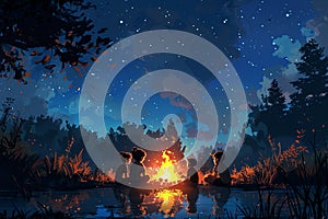 Starry night camping scene with father and child by a fire, perfect for storytelling in travel