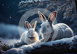 Starry Night Companions: Two moonlit Snow Bunnies on Snow-Covered Tree Log