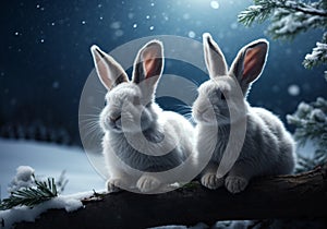 Starry Night Companions: Two Snow Bunnies on Snow-Covered Tree Log