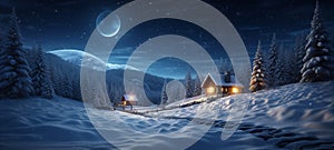 Starry night ,full moon ,winter forest , Christmas trees ,wooden cabin with light in windows, ,pine trees covered by snow
