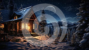 Starry night ,full moon ,winter forest , Christmas trees ,wooden cabin with light in windows, ,pine trees covered by snow