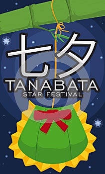 Starry Night with Kinchaku Hanging under Bamboo for Tanabata Festival, Vector Illustration