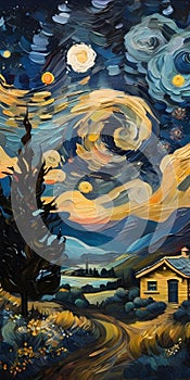 A starry night landscape reminiscent of Van Gogh.