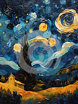 A starry night landscape reminiscent of Van Gogh.