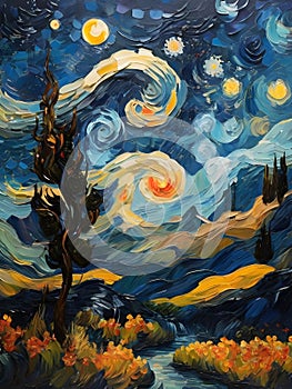 A starry night landscape reminiscent of Van Gogh.