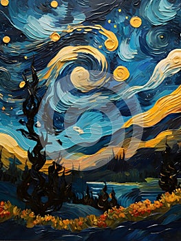 A starry night landscape reminiscent of Van Gogh.