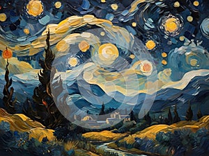 A starry night landscape reminiscent of Van Gogh.