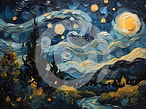 A starry night landscape reminiscent of Van Gogh.