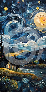 A starry night landscape reminiscent of Van Gogh.