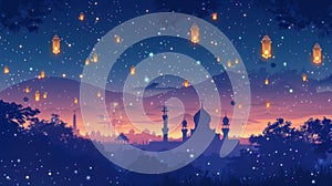 Hviezdny noc ilustrácie lucerny a mešita 