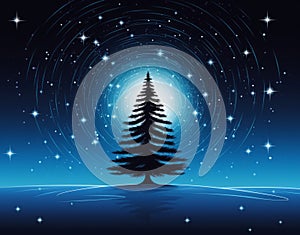 Starry night with a lone Christmas tree illustration