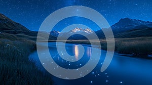 Starry night mountain river reflection