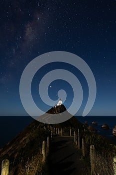 Starry night at Nugget Point Lighthouse, New Zealand, under the Milky Way