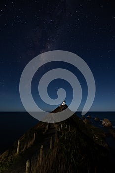 Starry night at Nugget Point Lighthouse, New Zealand, under the Milky Way