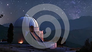 Starry Night Over Observatory Dome in a Hilly Landscape