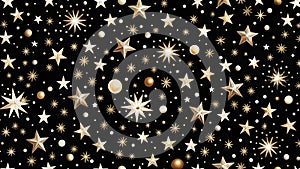 Starry night pattern with various celestial shapes on a black background