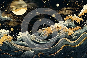 Starry night picture with sea wave in Japanese ink style landscape with moon and stars