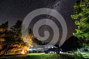 A starry night sky.Bivouac on the lawn.