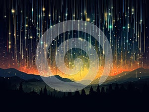 starry night sky with falling stars over mountains and trees
