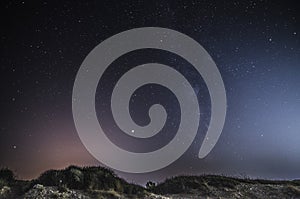 Starry night sky with the milky way seen from the coast with vegetation in the foreground